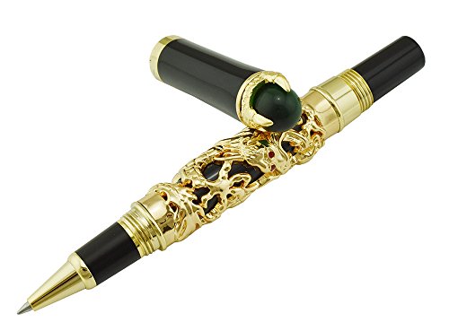 Jinhao Rollerball Pen, Golden Chinese Ming Dynasty Emperor Style Dragon Play Pearl, Kugelschreiber, Green Jade Ball Pocket Pen, Smooth Signature and Calligraphy Pens, Business Pens