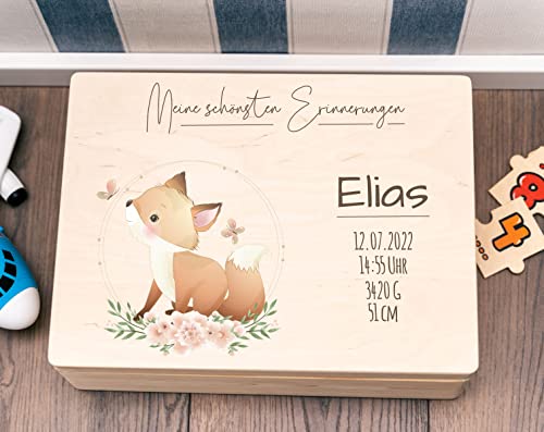 Personalisierte Erinnerungskiste - Holzkiste New Born Fuchs - Aufbewahrungskiste - Geschenk Geburt - Erinnerungsbox Baby Taufe - Holzkiste für Kinder (M (30x20x14), Junge)