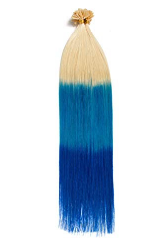 Ombré Keratin Bonding Extensions aus 100% Remy Echthaar/Human Hair- 250x 1g 50cm Glatte Strähnen - U-Tip als Haarverlängerung und Haarverdichtung: Farbe Hellichtblon/Hellblau/Dunkelblau