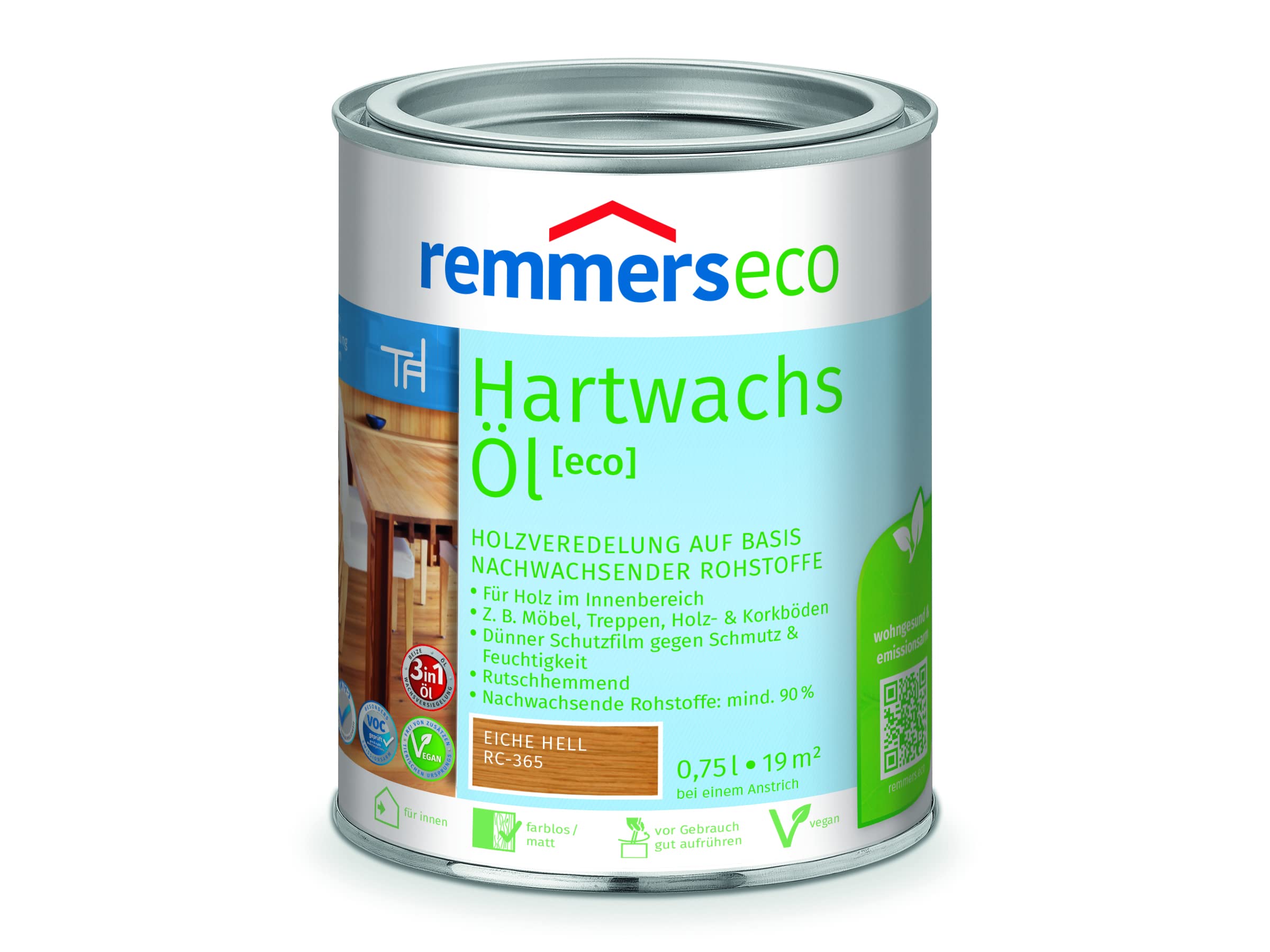 Remmers Hartwachs-Öl [eco] eiche hell, 0,75 Liter, Hartwachsöl für innen, natürliche Basis, Beize, Öl und Versiegelung in einem, nachhaltig, vegan