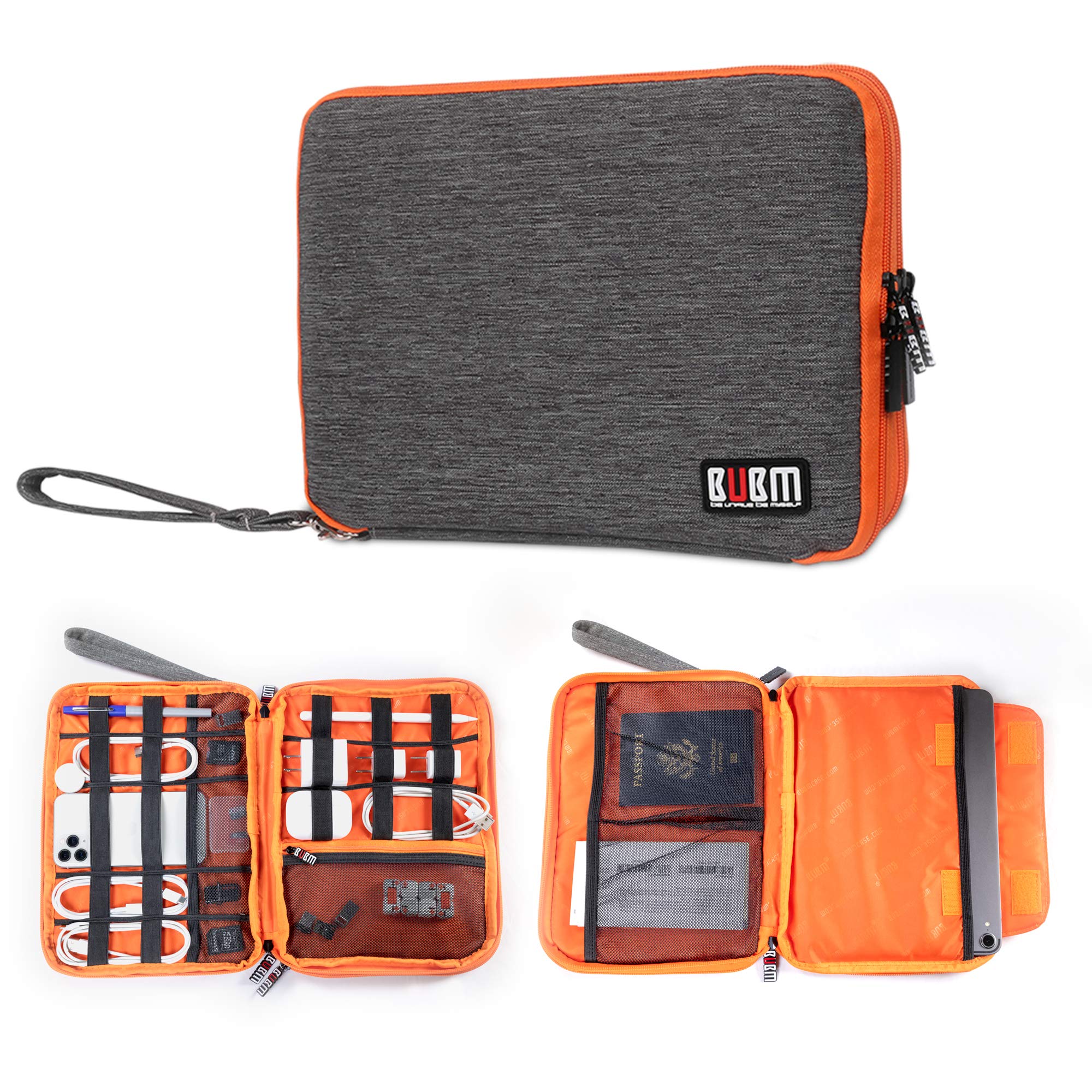 3-lagiger Reise-Organizer und elektronische Organizer für Tablet, Kabel, bündige Laufwerke und Ladegeräte 11.02 inch X 8.26 inch X 1.97 inch Grey and Bright Orange