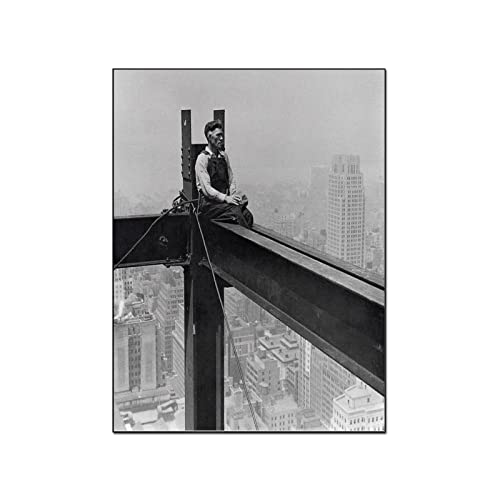 Foto auf Leinwand Drucken Lassen (50x70cm) Kein Rahmen Empire State Building Classic Poster Charles Ebbets Schwarz-Weiß-Fotografie Architektonischer Stahlarbeiter blickt in die Ferne Bild