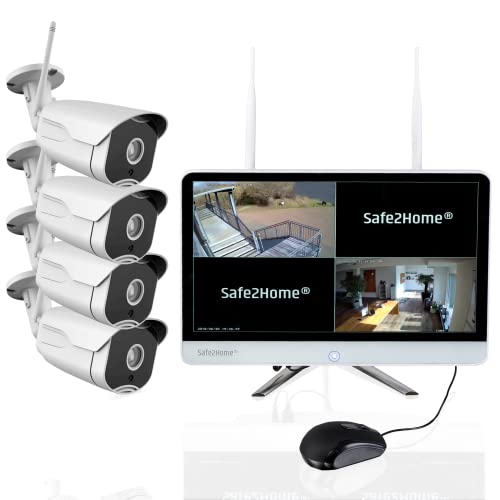 Safe2Home Videoüberwachung Funk Set mit 4X Full HD Cam - Bewegungserkennung/Aufzeichnung/Nachtsicht - Monitor Rekorder Festplatte 1TB - innen/außen Überwachungskamera & Smartphone APP