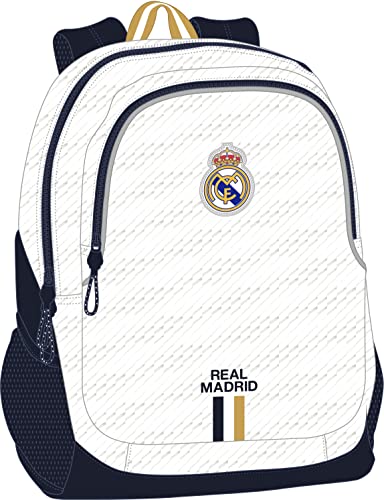 safta Real Madrid Schulrucksack für Kinder, ideal für Kinder verschiedener Altersgruppen, bequem und vielseitig, Qualität und Strapazierfähigkeit, 32 x 16 x 44 cm, Weiß, weiß, Estándar, Casual
