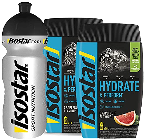 Isostar Hydrate & Perform Iso Drink – 400 g isotonisches Getränkepulver – Elektrolyt Pulver zur Unterstützung der sportlichen Leistungsfähigkeit – 2 x Graperfruit + 0,5 Liter Flasche