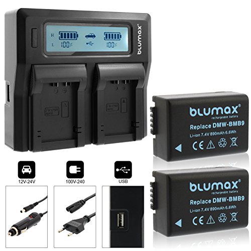 2X Blumax Akku ersetzt Panasonic DMW-BMB9 / DMW-BMB9E 890mAh + Doppelladegerät | kompatibel mit Panasonic Lumix DMC-FZ40-FZ45-FZ47-FZ48-FZ60-FZ62-FZ70-FZ72-FZ100-FZ150 Leica V-LUX 2/3