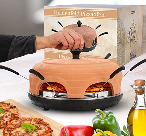 Heidenfeld Pizzaofen Pizzachef PO100 - Elektrischer Pizza Ofen - 1000 Watt - Pizzamaker inkl. Pizzaschaufel - Terracotta Tonhaube - Stahlplatte mit Haltegriff - Platz für 6 Mini-Pizzen (Terracotta)