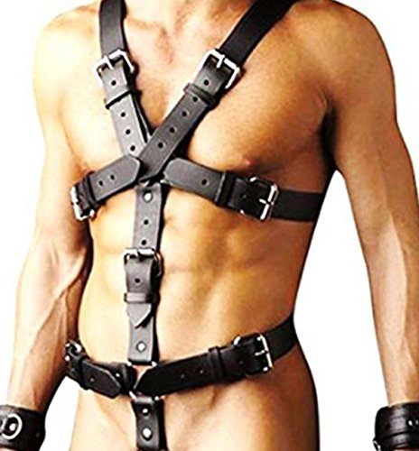 Tiaobug Männer Brust Harness Kunstleder Leder Optik Fetisch Bodysuit Körper O-Ring Schlaufe Brust Geschirr Stringbody Erotik Einstellbar