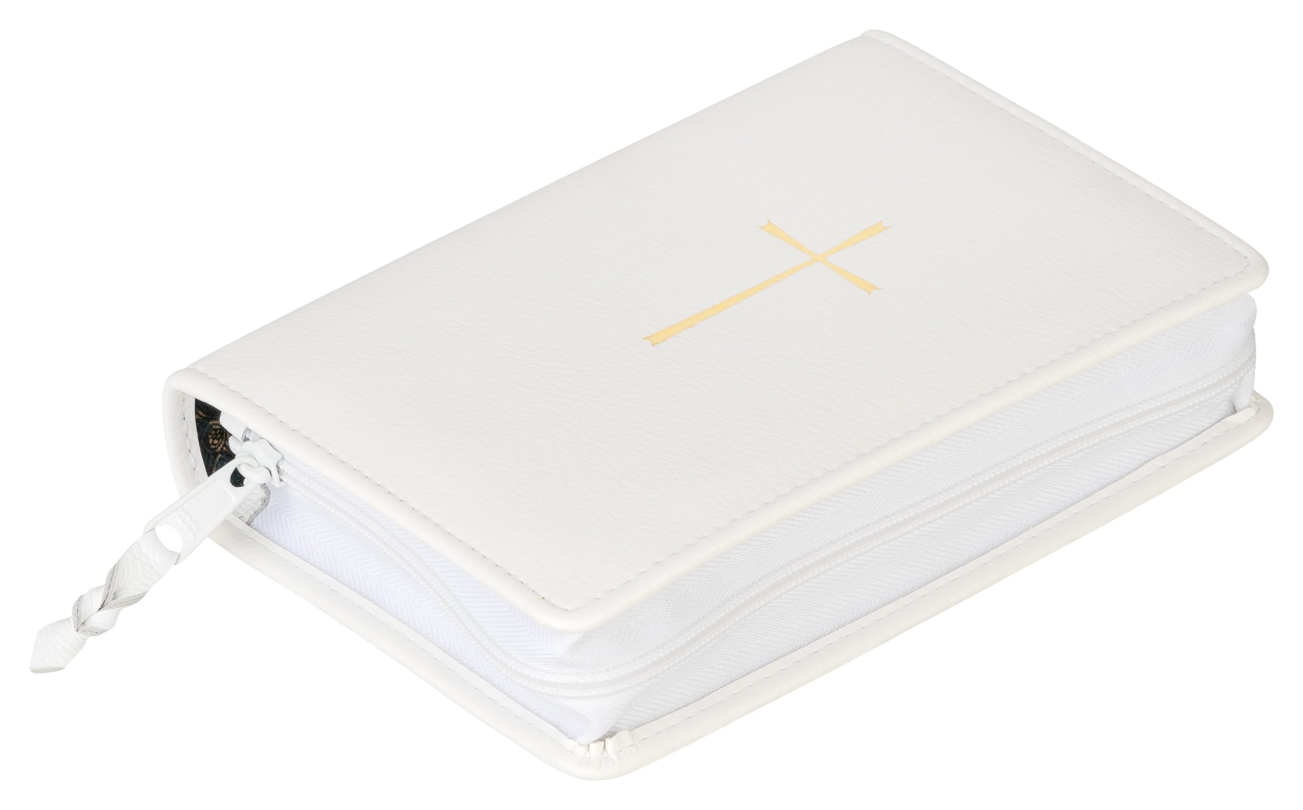 MaMeMi Gotteslobhülle [Liederbuchhülle, Gebetsbuchhülle] mit Reissverschluß aus Rindsnappa in weiß mit Gold-Kreuz