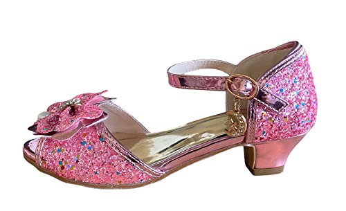 La Señorita - Prinzessinnen Schuhe – Rosa Glitzer mit Schmetterling für Mädchen - Brautjungfer Schuhe beim Hochzeit - Spanische Festliche Flamenco Tanz Schuhe für Kinder – Riemchenpumps (Numeric_27)