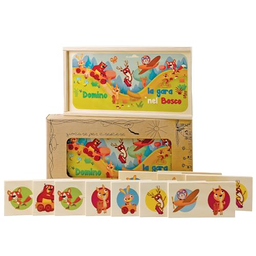 Dida - Dominosteine und eine Holzbox für Kinder mit Tieren, die in den Wäldern Spielen.