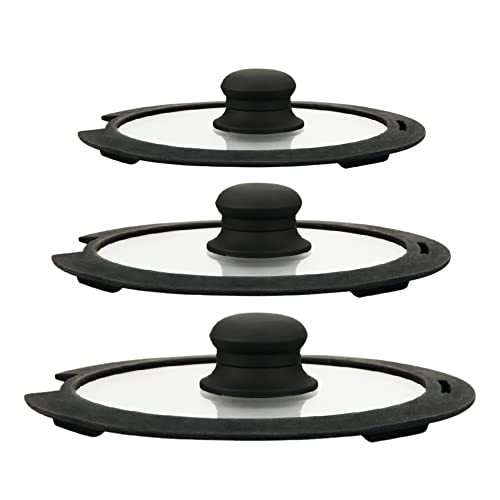 Herzberg - Küchenhelfer – Deckel aus Hartglas – Deckel mit Ring – Set mit 3 Deckeln mit Silikonring 16/20/24 cm – HGCOVS3