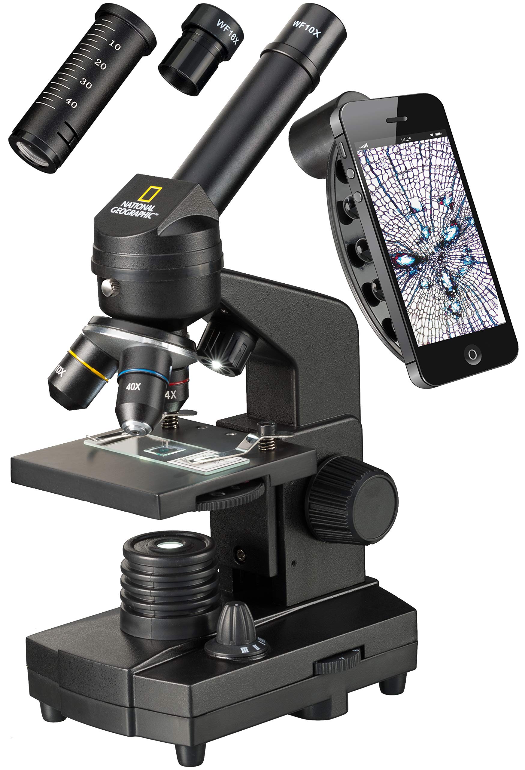 National Geographic 40-1280x Mikroskop mit Auflicht/Durchlichtbeleuchtung, Smartphone Halterung und umfangreichem Zubehör zum Einstieg in die Mikroskopie, schwarz