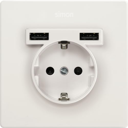 SIMON - Einbausteckdose mit zwei USB-Ladegeräten Typ A weiß, Serie Simon 270, 16A, 2.1A, flache und dünne Wandstecker, einfach zu installieren, inkl. Rahmen, Deckel und Mechanik, weiß