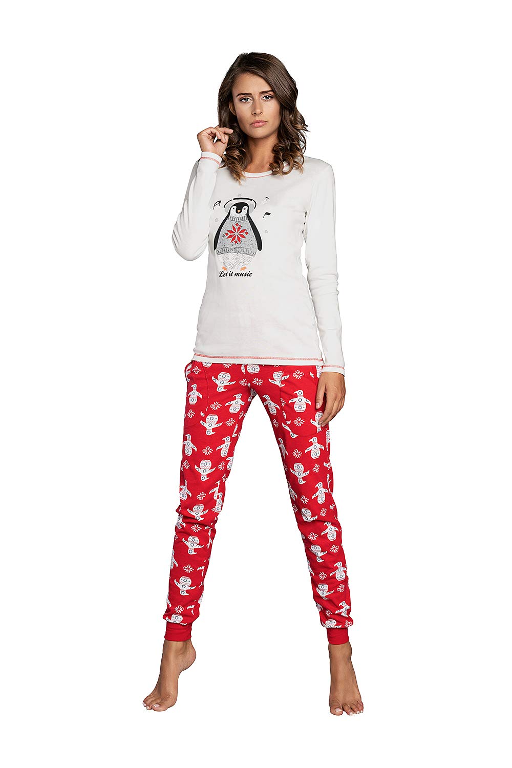 Damen Schlafanzug aus Baumwolle, Ladies’ Pyjama Set Long-Sleeved, Checked Pyjama Set, Night Wear, Soft and warm (L, Ecru/Muster)
