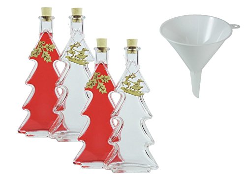 Viva Haushaltswaren Weihnachtsflaschen im Tannenbaum Design 4er Set inkl. Schleifen und Trichter 200ml