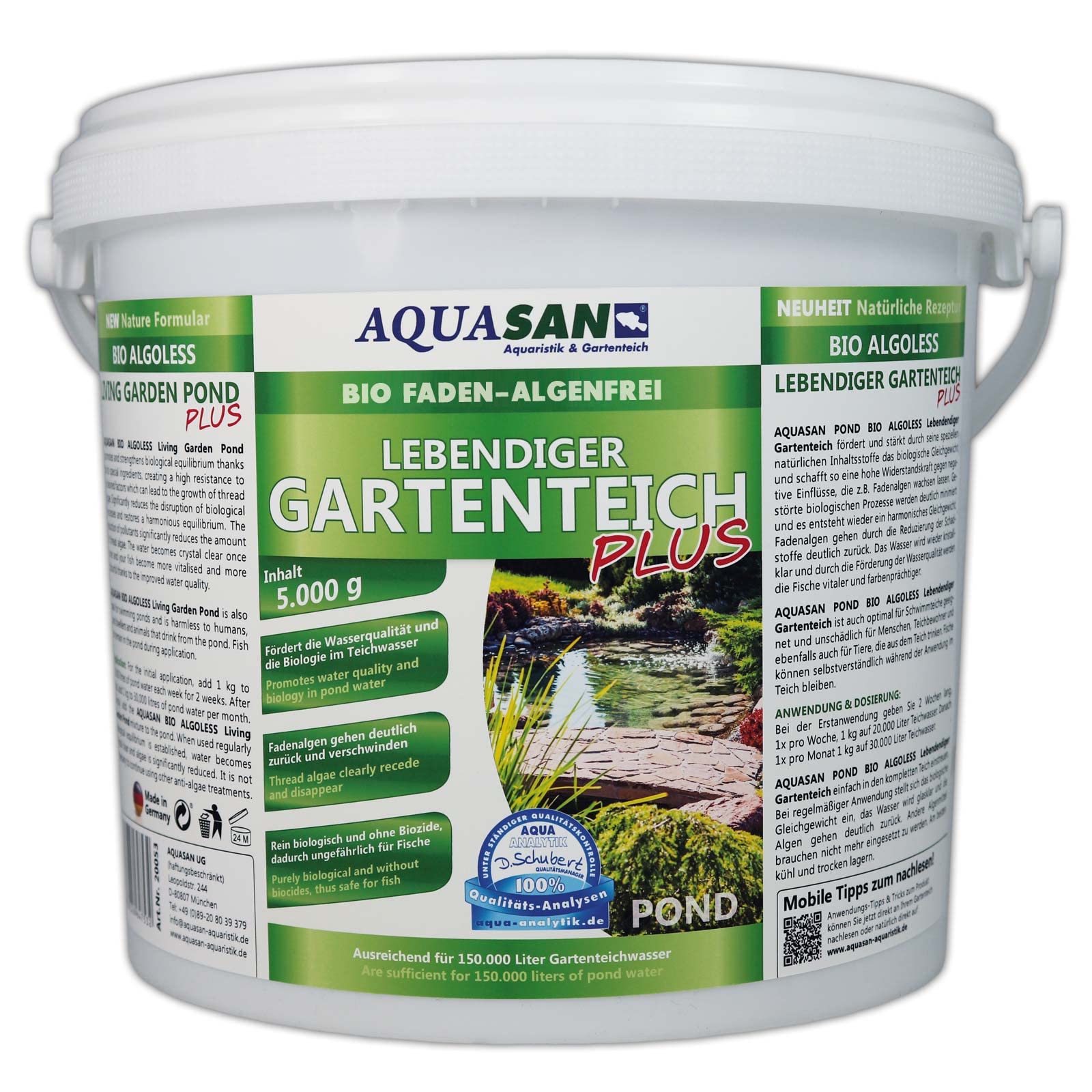 AQUASAN Bio Lebendiger Gartenteich Plus (Fördert die Wasserqualität, entfernt Fadenalgen, Schadstoffe, Schwimmteiche, Algenmittel), Inhalt:5 kg
