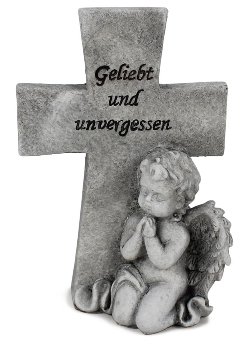 hLine Grabkreuz mit Engel Grab Dekoration mit Schriftzug 20 cm, 1260716, Steingrau