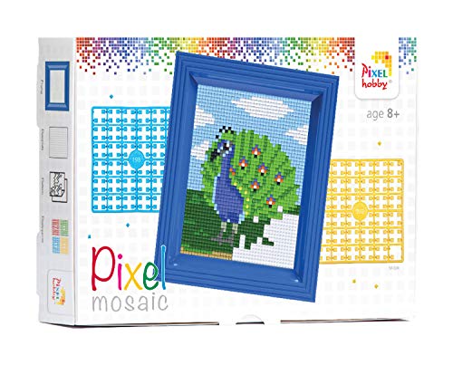 Pracht Creatives Hobby P31252 - Pixel Mosaik Geschenkverpackung Pfau, Pixelbild mit Rahmen zum Gestalten für Kinder, Jungen und Mädchen, als kleines Geschenk, Mitgebsel, für den Kindergeburtstag