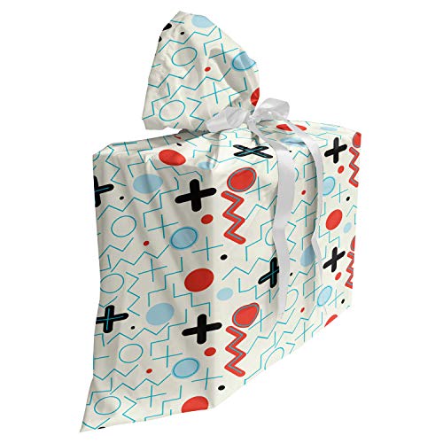 ABAKUHAUS Geometrisch Baby Shower Geschänksverpackung aus Stoff, Kreis Zickzack-Wellen, 3x Bändern Wiederbenutzbar, 70 x 80 cm, Creme Baby Blue Red
