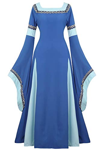 Josamogre Mittelalter Kleidung Damen Kleid mit Trompetenärmel Party Kostüm bodenlang Vintage Retro Renaissance Costume Cosplay Blau XS