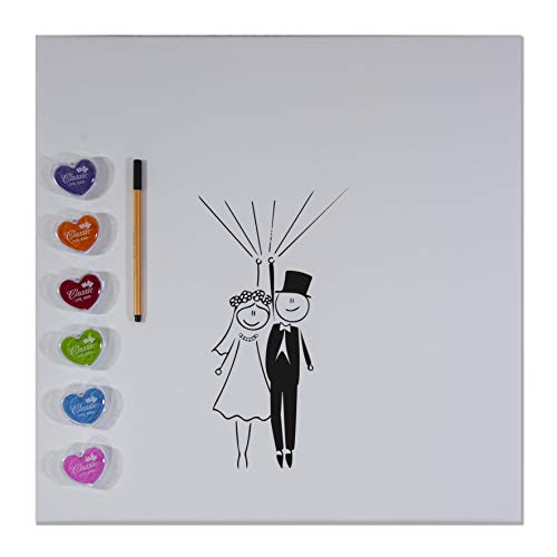Leinwand für Hochzeit als Gästebuch inkl. Stempelkissen und Stift für Fingerabdrücke - Motiv BRAUTPAAR mit Luftballons - 50x50cm