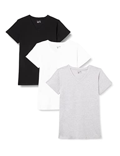 berydale Damen T-Shirt für Sport & Freizeit mit V-Ausschnitt, Schwarz/ Hellgrau Melange/ Weiß (3er Pack), XL
