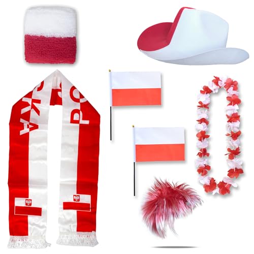 Sonia Originelli Fan-Paket Polen Poland Polska WM EM Fußball Schal Hawaiikette Hut Schweissband Fahne Perücke