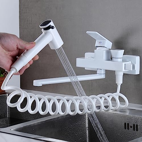 Wasserhahn Küche Wandmontage Küchenarmatur Weiß Messing Drehbar mit Spritzpistole Multifunktion Mischbatterie Küche Wandmontage-25Cm