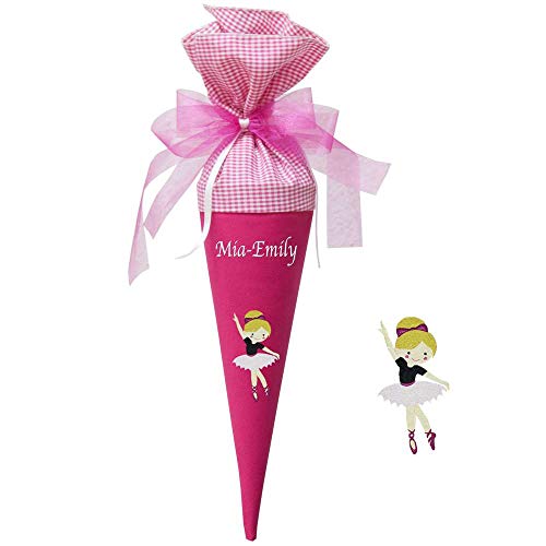 Geschwistertüte aus Stoff 35 cm Ballerina blond mit Name bestickt Schultüte Mädchen rosa lila rot pink blau türkis flieder, Farbe:pink