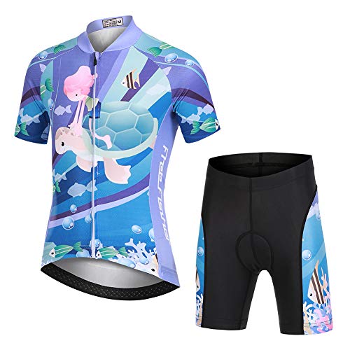 LPATTERN Kinder Radsport Bekleidung- Jungen/Mädchen Fahrrad Trikot-Set(Trikot Kurzarm+Kurz Radhose)/Radtrikot Kurzarm/Kurz Fahrradhose mit Sitzpolster,Mädchen auf Schildkröte(Anzug),134/140(Tag:L)