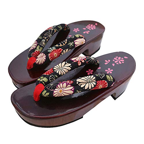 G-LIKE Damen Sandalen Pantoffel Sommerschuhe - Traditionelle Japanische Holzschuhe Geta Kimono Kirschblüte Sakura Musterdruck rutschfest Poliert Flip-Flops Cosplay Clogs (38-40 EU, Sonnenblume)