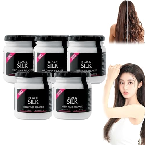 Black Silk Mild Hair Relaxer,Black Silk Mild Hair Relaxer for Curly Hair,Conditioning Hair Straightening Treatment for Curly or Straight Thin Fine Hair,Instant Hair Straightening for All Hair (5PC)