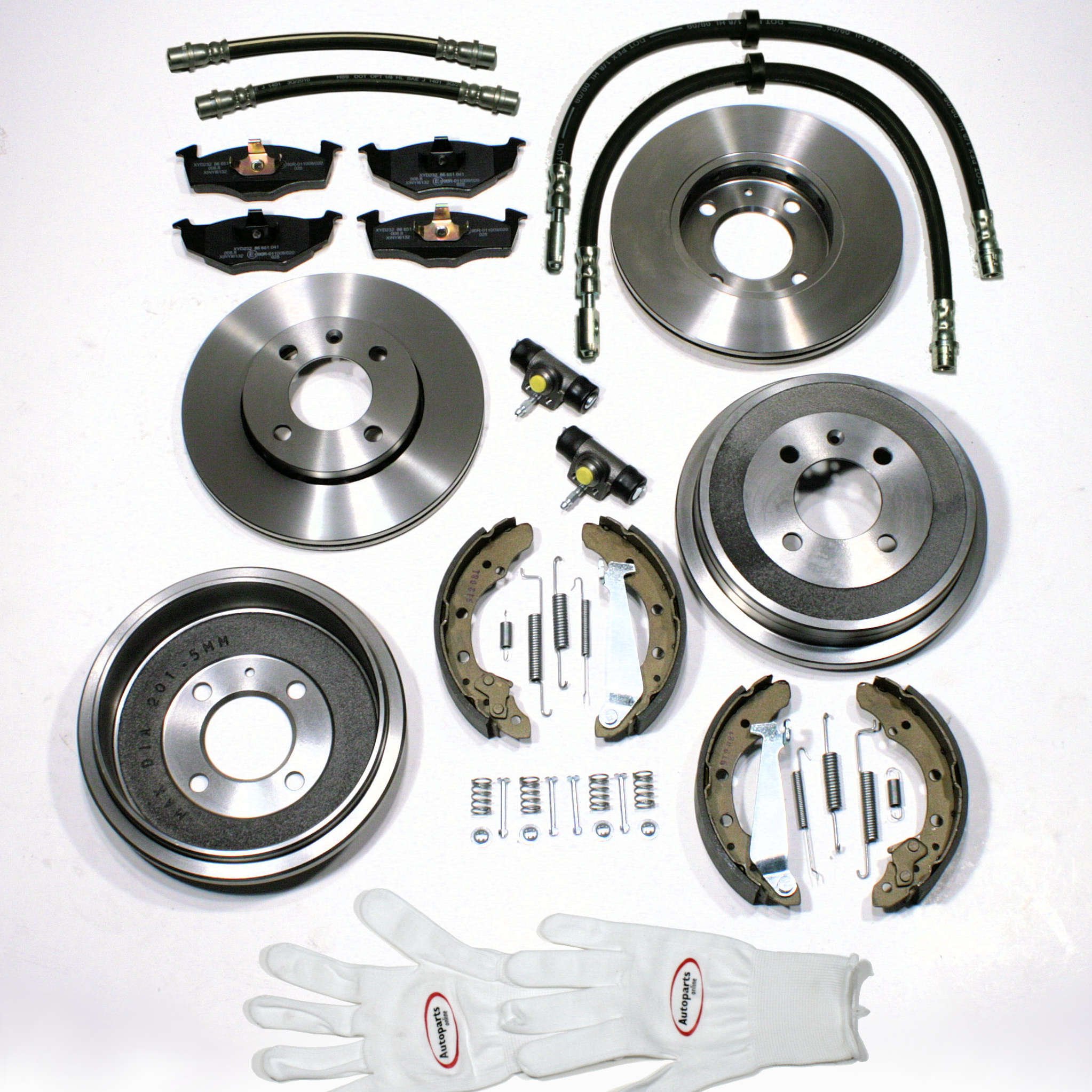 Autoparts-Online Set 60008692 Bremsscheiben + Bremsbeläge vorne + Bremstrommel Set + Bremsschläuche hinten