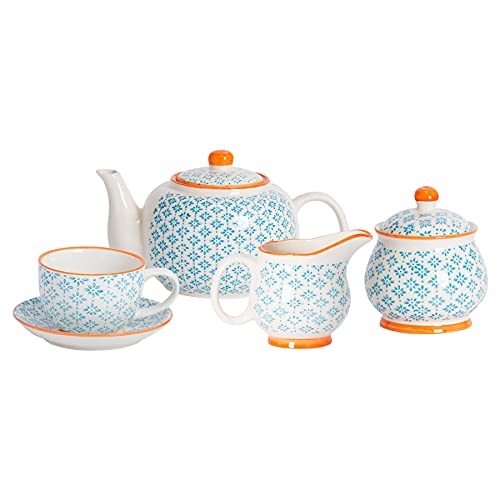 Nicola Spring 15 Stück Hand Printed Tee-Set - Patterned Porzellan-Teekanne Cups Untertassen Milchkännchen Zuckerdose - Blau