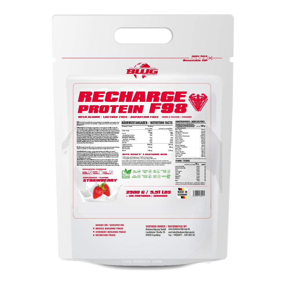 BWG Recharge Protein F98 Shake, Eiweißpulver für Muskelaufbau & Abnehmphase, Vegan, Lactosefrei, mit BCAA`S und Glutamin, Strawberry (2500g)