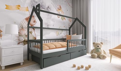 thematys® Oskar Hausbett 90x200 - Kindertraum Bett mit Schubladen, in Weiß, Grau, Hellgrau & Natur, Kindersicher und Langlebig (Grau)