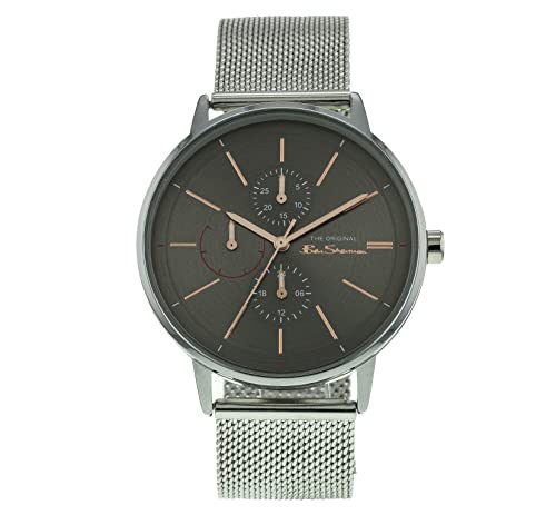 Ben Sherman BS062ESM Herren-Armbanduhr mit grauem Zifferblatt und Edelstahl-Mesh-Armband, 41 mm Durchmesser, Gehäuse mit Markenuhrenbox