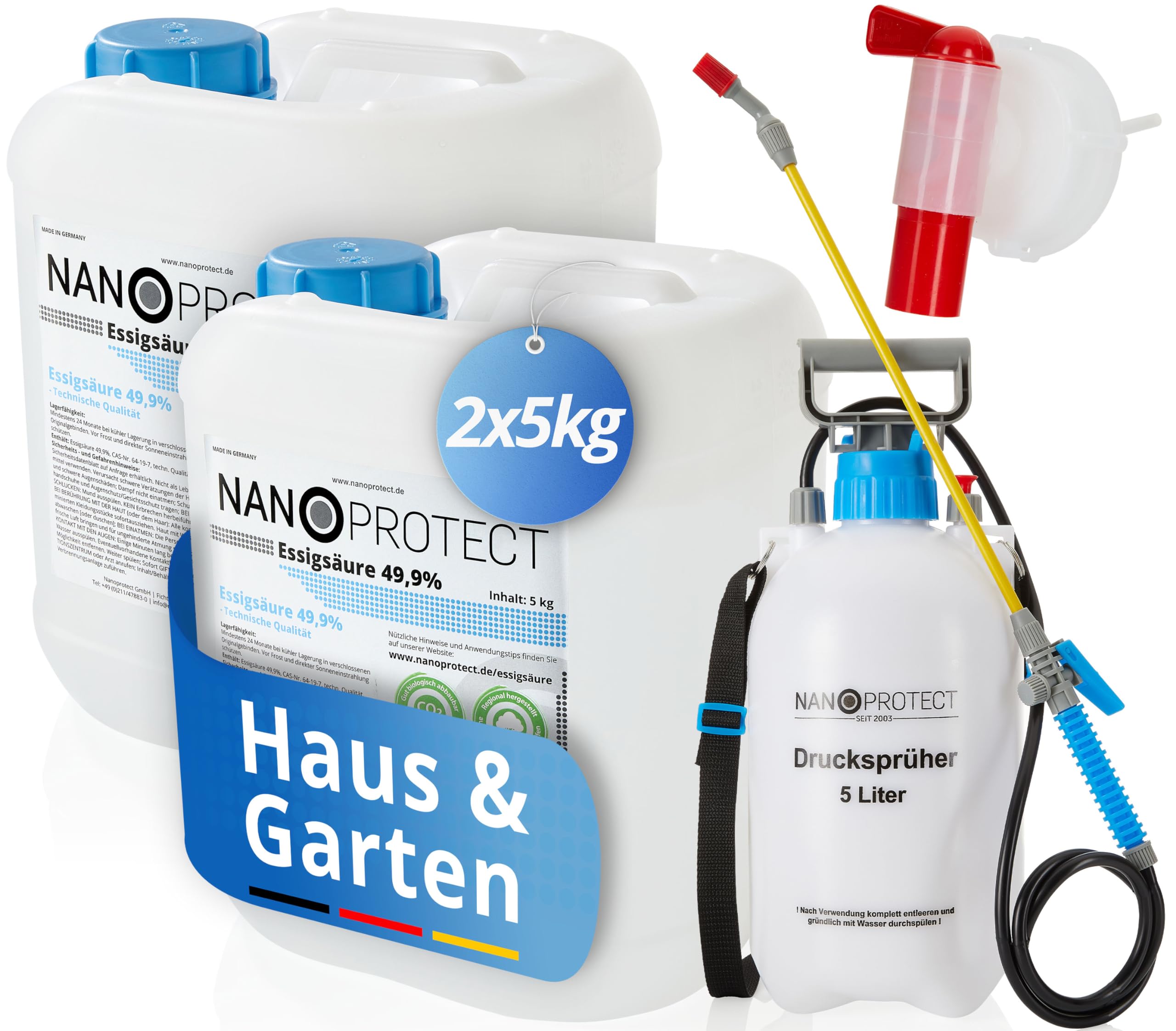 Nanoprotect Essigsäure | Mit Drucksprüher und Auslaufhahn | Ideal als Reiniger und Entkalker | Für Haus und Garten | Premium Qualität – Made in Germany, 10 kg