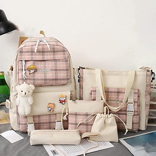 Vimlo 5 Pcs Kawaii Backpack Set with Pins Plush Bear Pendant, Canvas School Backpack Combo Set, Aesthetic Cute Plaid Check Handbag and Pencil Bag School Bag Daypack for School Teens (Color : Pink)