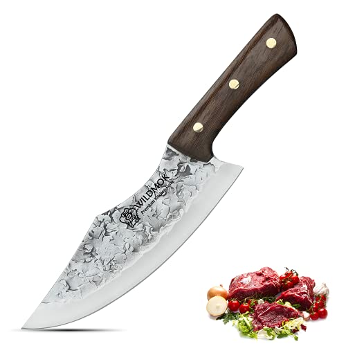 WILDMOK Handgeschmiedetes Fleischermesser 19,5cm Fleisch- und Gemüsespaltmesser aus Kohlenstoffstahl Full Tang Kochmesser für Küchencamping und Grill