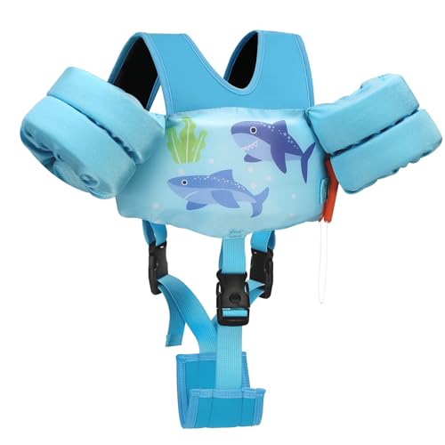 MoKo Kinder Schwimmflügel, Cartoon Schwimmweste mit Schultergurt Schwimmtraining Jacke Schwimmende Badeanzug Schwimm Zubehör mit Doppel Sicherheitsschnalle für Jungen Mädchen, Blauer Hai