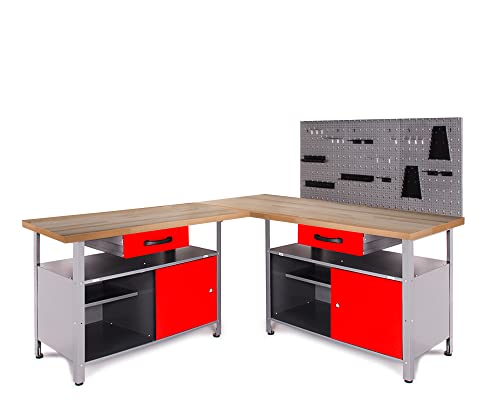 Ondis24 Werkstatt Set Ecklösung One, Werkbank, 180 cm Buchenholzarbeitsplatte, Werkzeugwand Lochwand, Haken Set, Metall (Arbeitshöhe 85cm, rot)