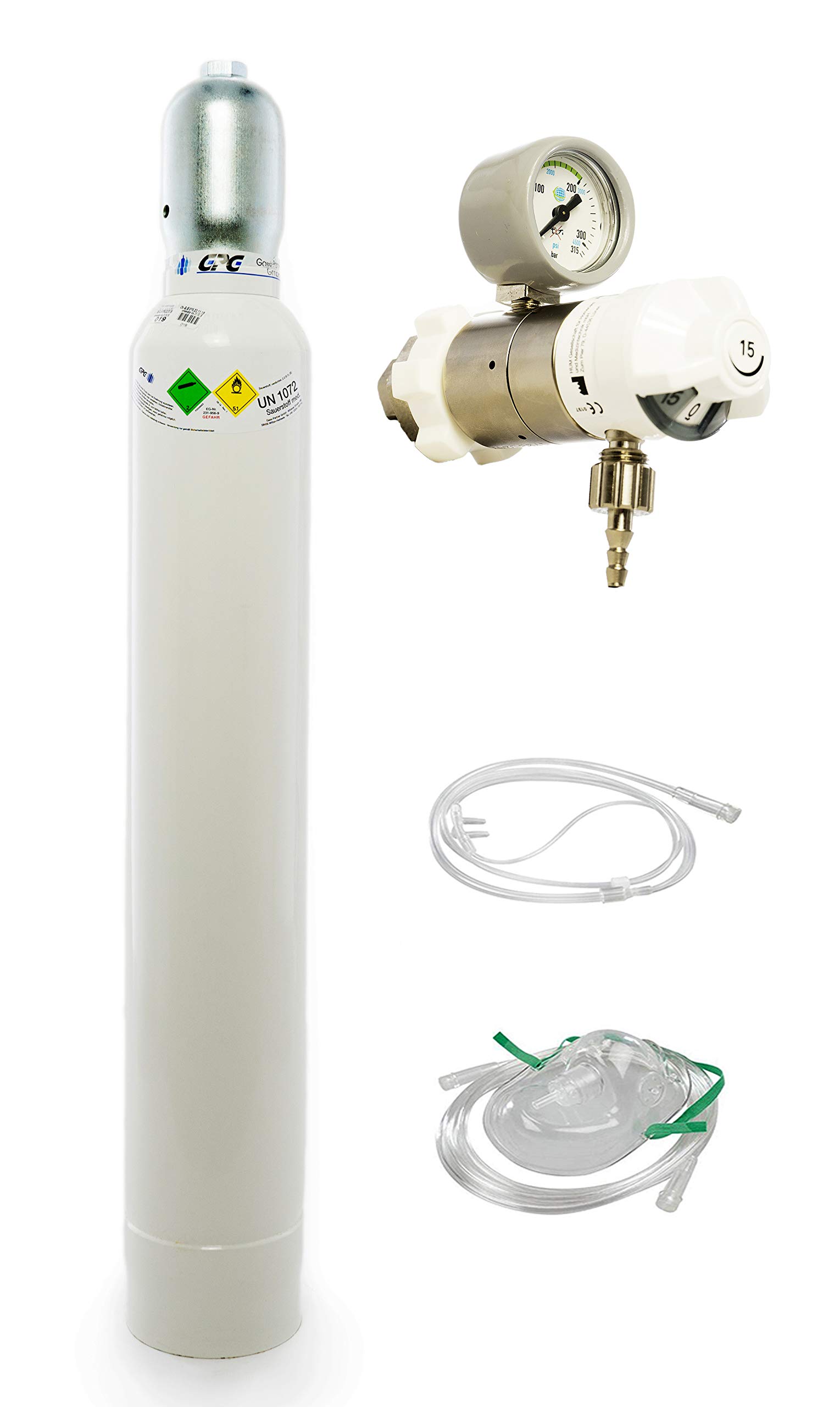 gase-kaufen 10 Liter medizinischer Sauerstoff (Leichtstahlflasche) mit Druckminderer AEROway Fast 15 und Maske