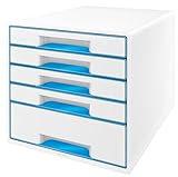 Leitz CUBE Schubladenbox mit 5 Schubladen, Weiß/Blau, A4, Inkl. transparentem Schubladeneinsatz, WOW, 52142036