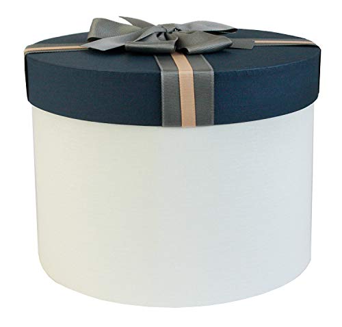 Emartbuy 25 x 18,5 cm runde Geschenkbox, weiße Box mit blauem Deckel und gestreiftem braunem Band