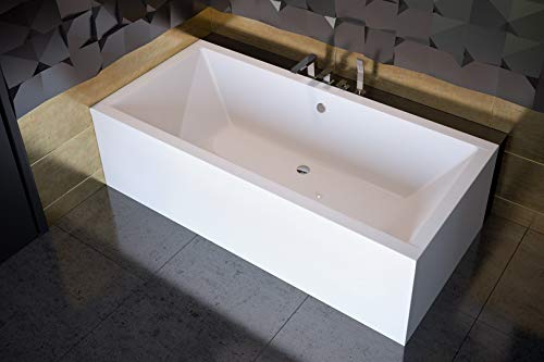 ECOLAM Badewanne Wanne Rechteck Quadro Design Acryl weiß 155x70 cm + Schürze Ablaufgarnitur Ab- und Überlauf Automatik Füße Silikon Komplett-Set, Rechteckbadewanne für zwei