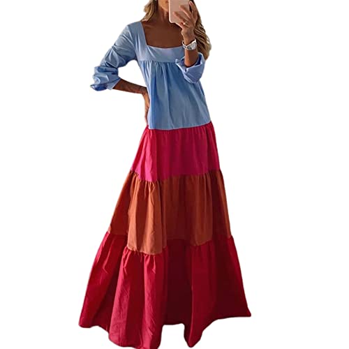 wirlsweal Frauen Kleid Einfarbig Solid Sommer Kontrast Farben Großes Saum Langes Kleid zum Sammeln Blau S