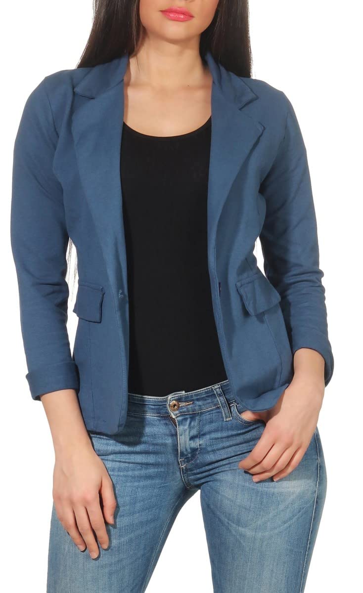 Malito – Damen Blazer unifarben mit Knopf – Sweatblazer mit Revers-Kragen & Zier-Taschen – Kurzjacke im Basic-Look – tailliertes Jersey Sakko 1654 (Jeansblau | Größe L)