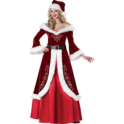 Damen-Weihnachtskostüm Im Retro-Stil, Langes Rotes Weihnachtskostüm, Weihnachtsmann, Weihnachtsmann-Kleid, Mütze + Kleid + Gürtel XL.